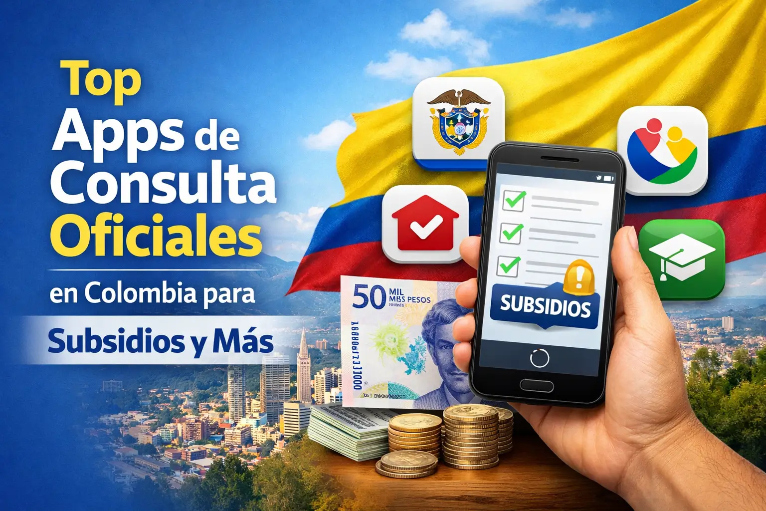 Celular com apps oficiais de consulta a subsídios na Colômbia