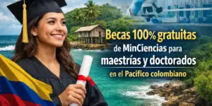 Jovem formada segurando diploma na praia com bandeira da Colômbia