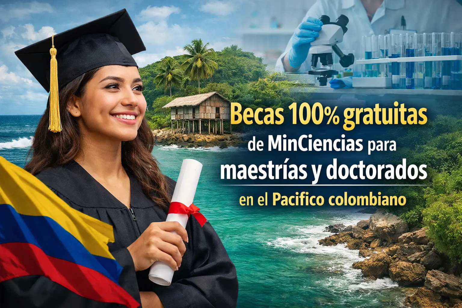 Jovem formada segurando diploma na praia com bandeira da Colômbia