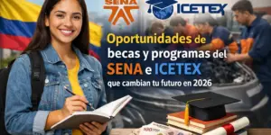 Jovem mulher com caderno e caneta, oportunidades SENA e ICETEX 2026