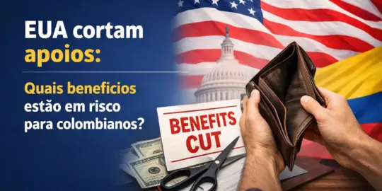 Mão com carteira aberta, sinal de corte de benefícios, bandeiras EUA e Colômbia
