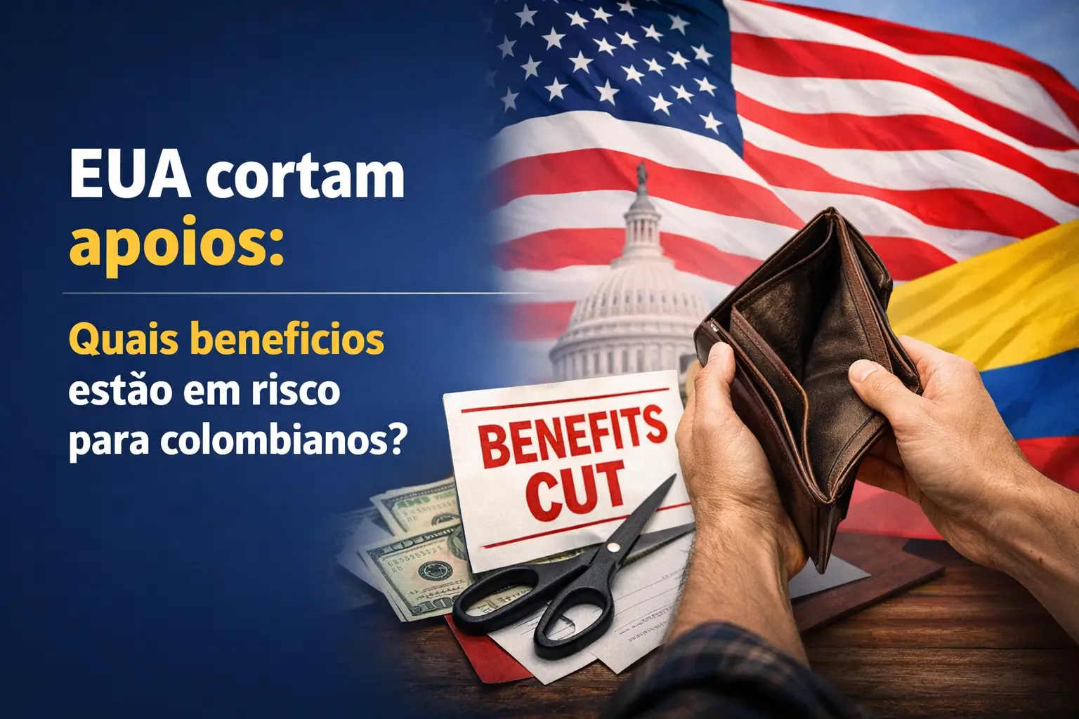 Mão com carteira aberta, sinal de corte de benefícios, bandeiras EUA e Colômbia