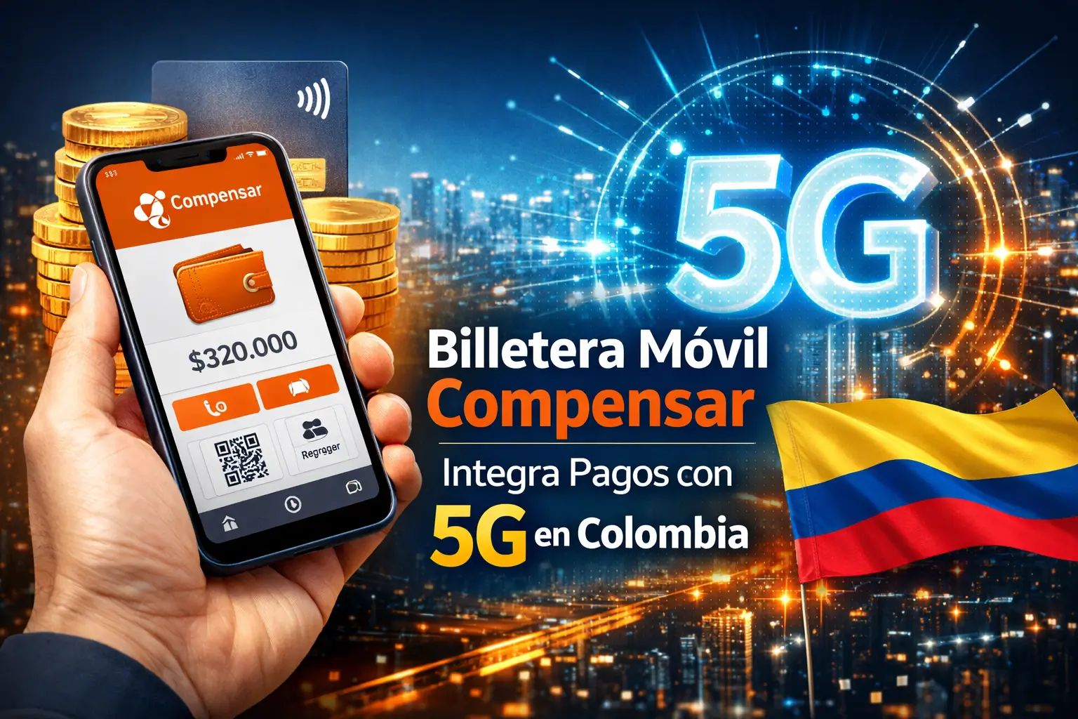 Aplicativo Compensar em smartphone com moeda e bandeira colombiana