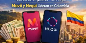 Smartphones com logos Movii e Nequi, notas e moedas colombianas