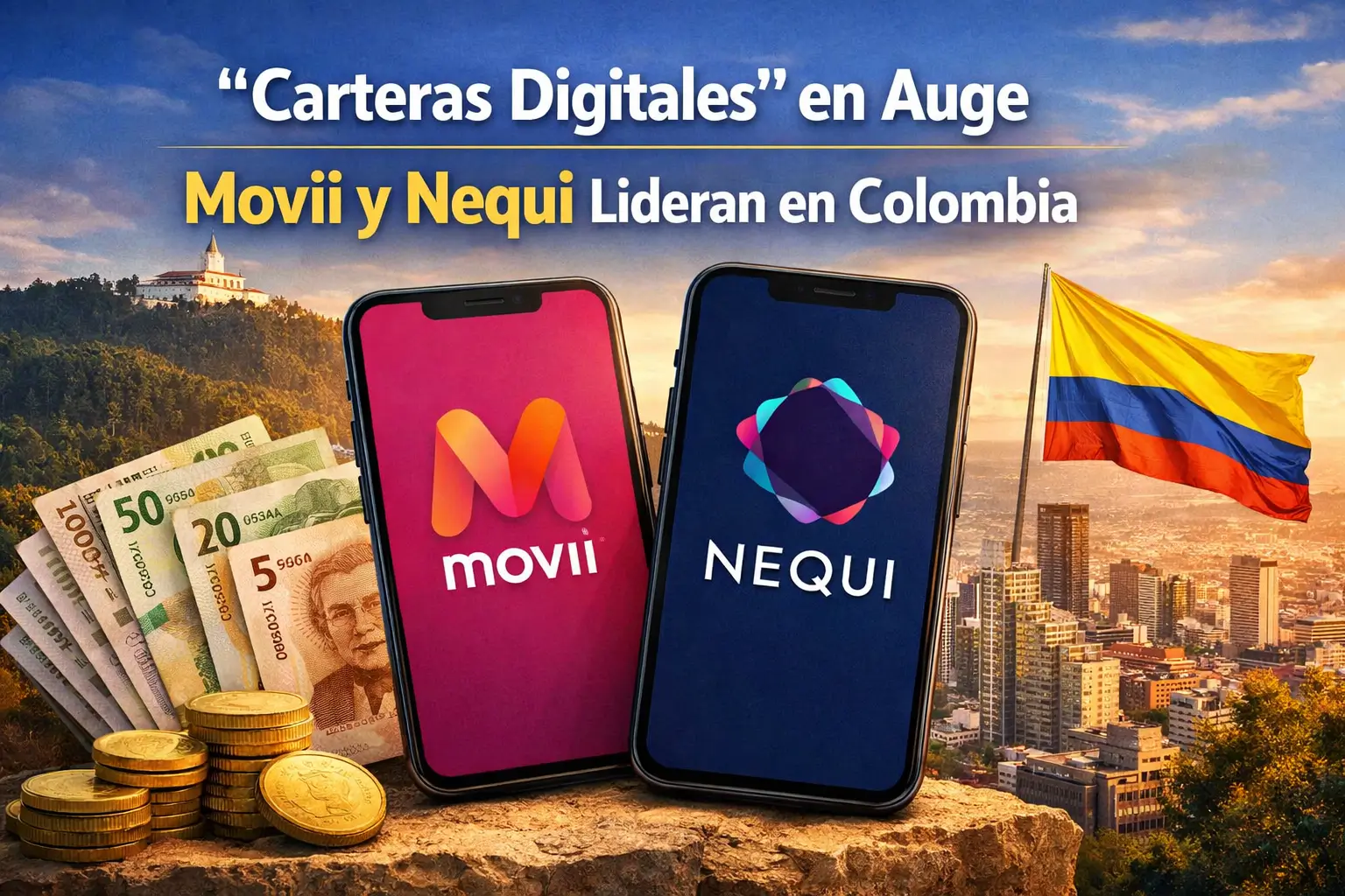 Smartphones com logos Movii e Nequi, notas e moedas colombianas