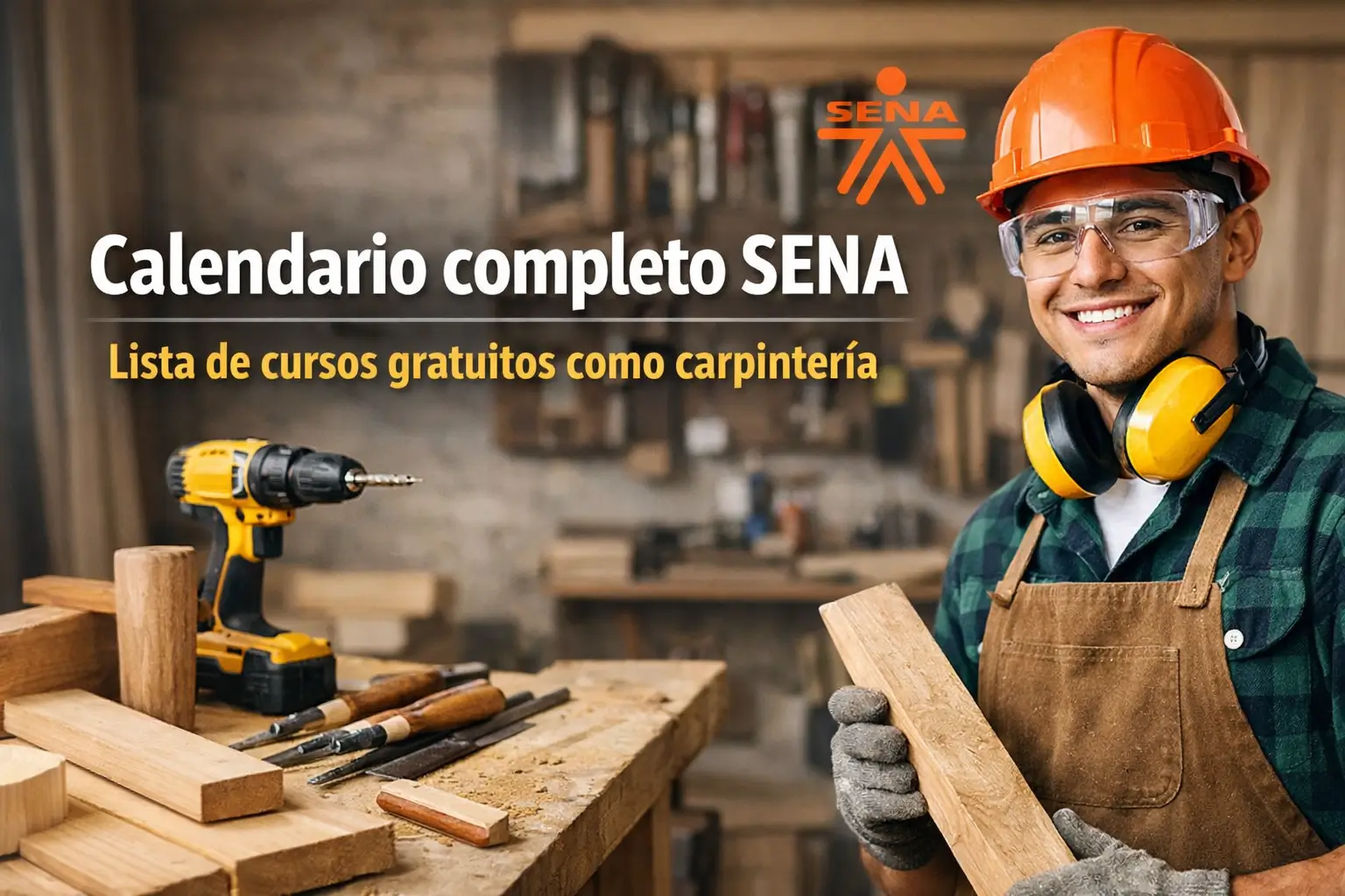 Jovem marceneiro sorrindo em oficina, usando EPI e segurando tábua