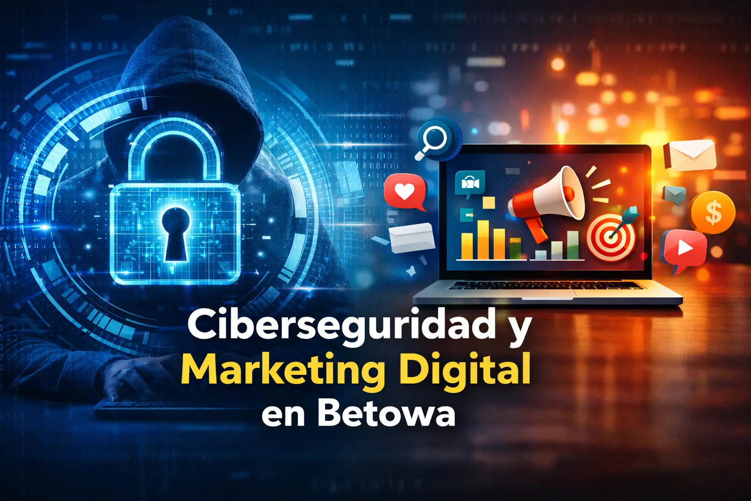 Ilustração de cibersegurança e marketing digital com ícones