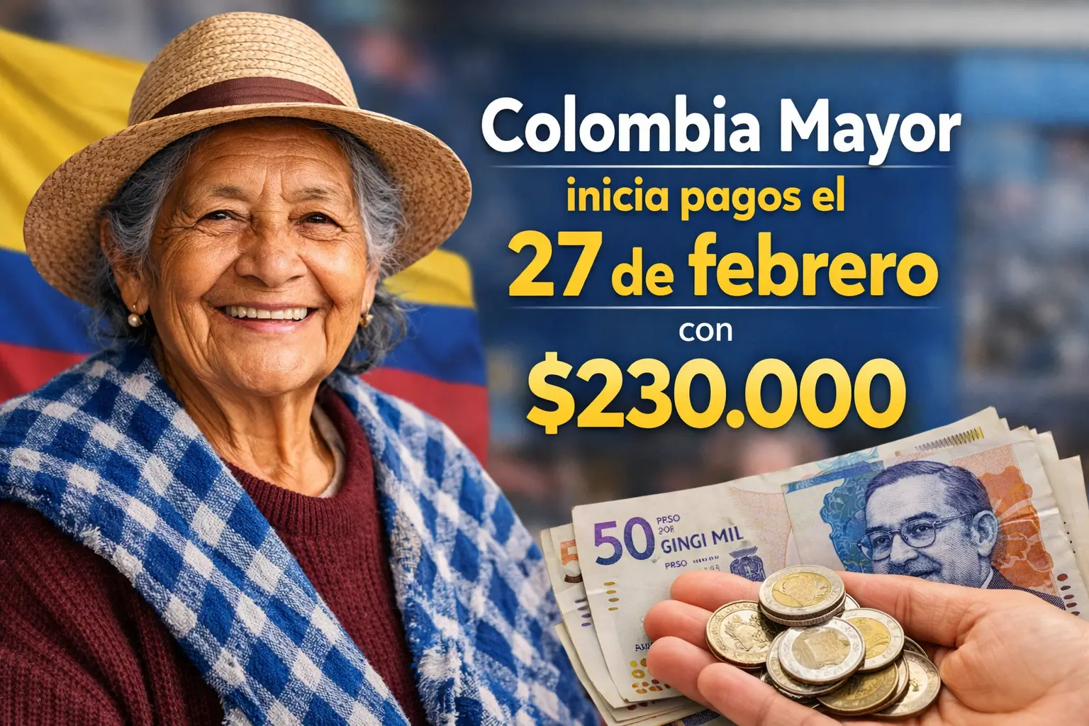 Mulher idosa sorrindo com moedas e notas, bandeira da Colômbia