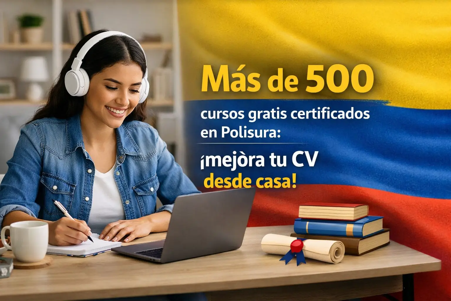 Mulher estudando com cursos gratuitos da Polisura em 2026