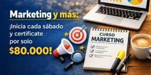 Curso de marketing e educação financeira 2026 com notebook e gráficos