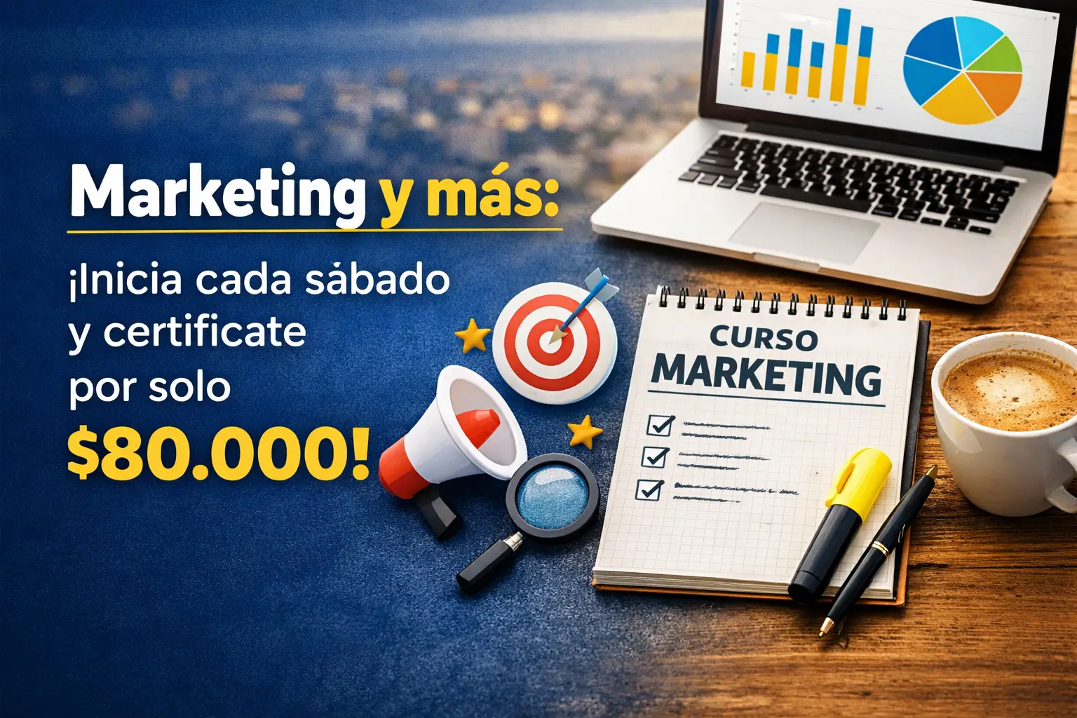 Curso de marketing e educação financeira 2026 com notebook e gráficos