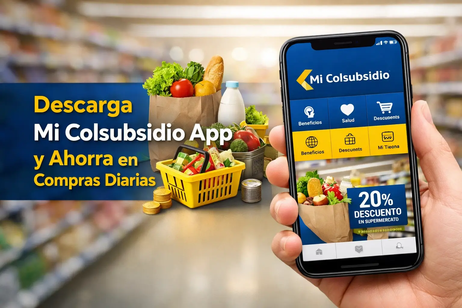 Aplicativo Mi Colsubsidio no celular em cenário de compras