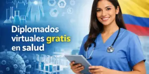 Mulher sorridente com uniforme médico azul segurando tablet, símbolos de saúde.