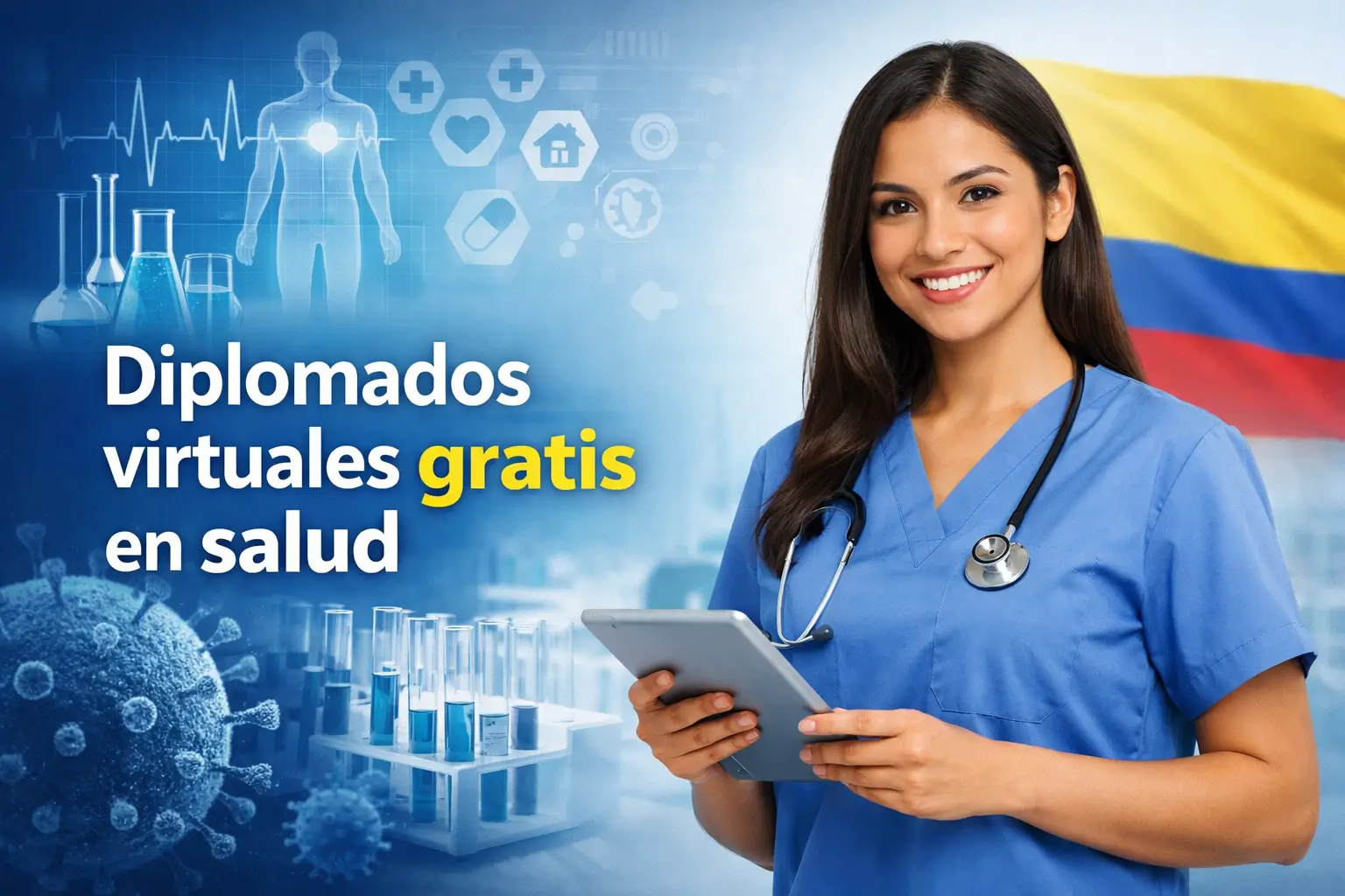 Mulher sorridente com uniforme médico azul segurando tablet, símbolos de saúde.