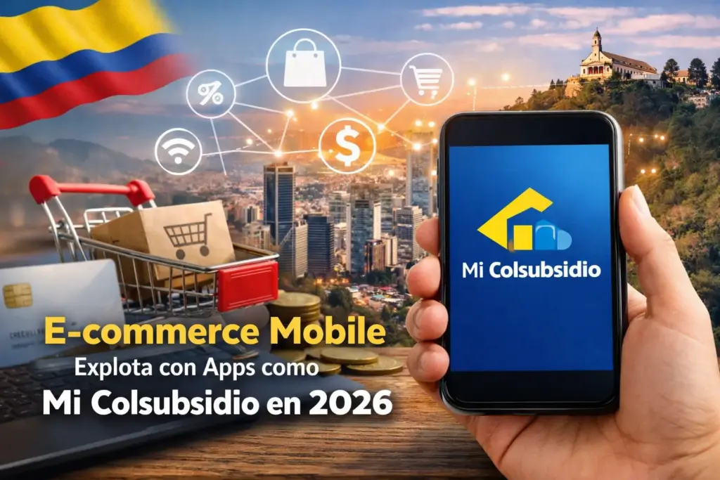 Aplicativo Mi Colsubsidio em smartphone sobre cidade e icons de e-commerce