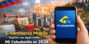 Aplicativo Mi Colsubsidio em smartphone sobre cidade e icons de e-commerce