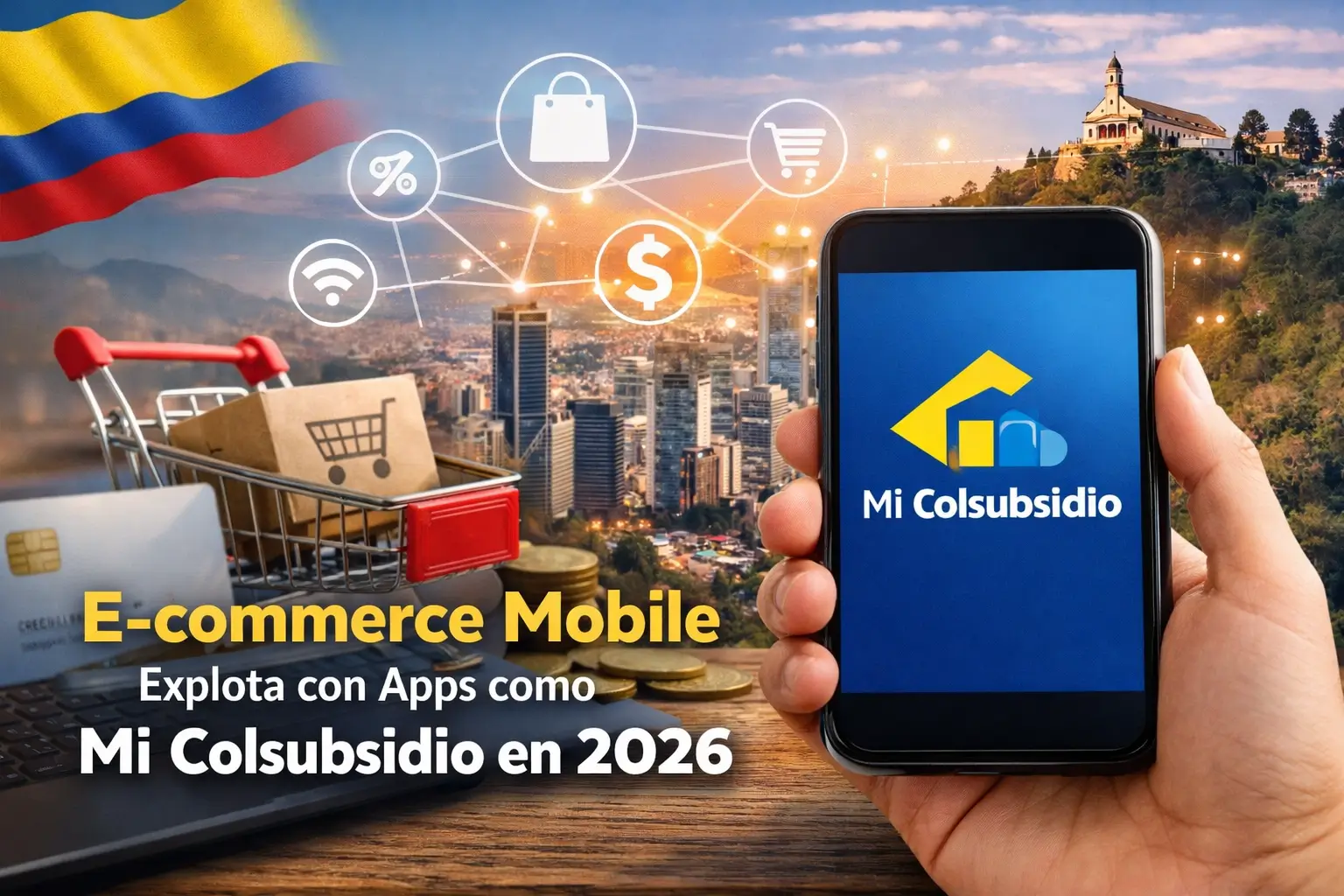 Aplicativo Mi Colsubsidio em smartphone sobre cidade e icons de e-commerce