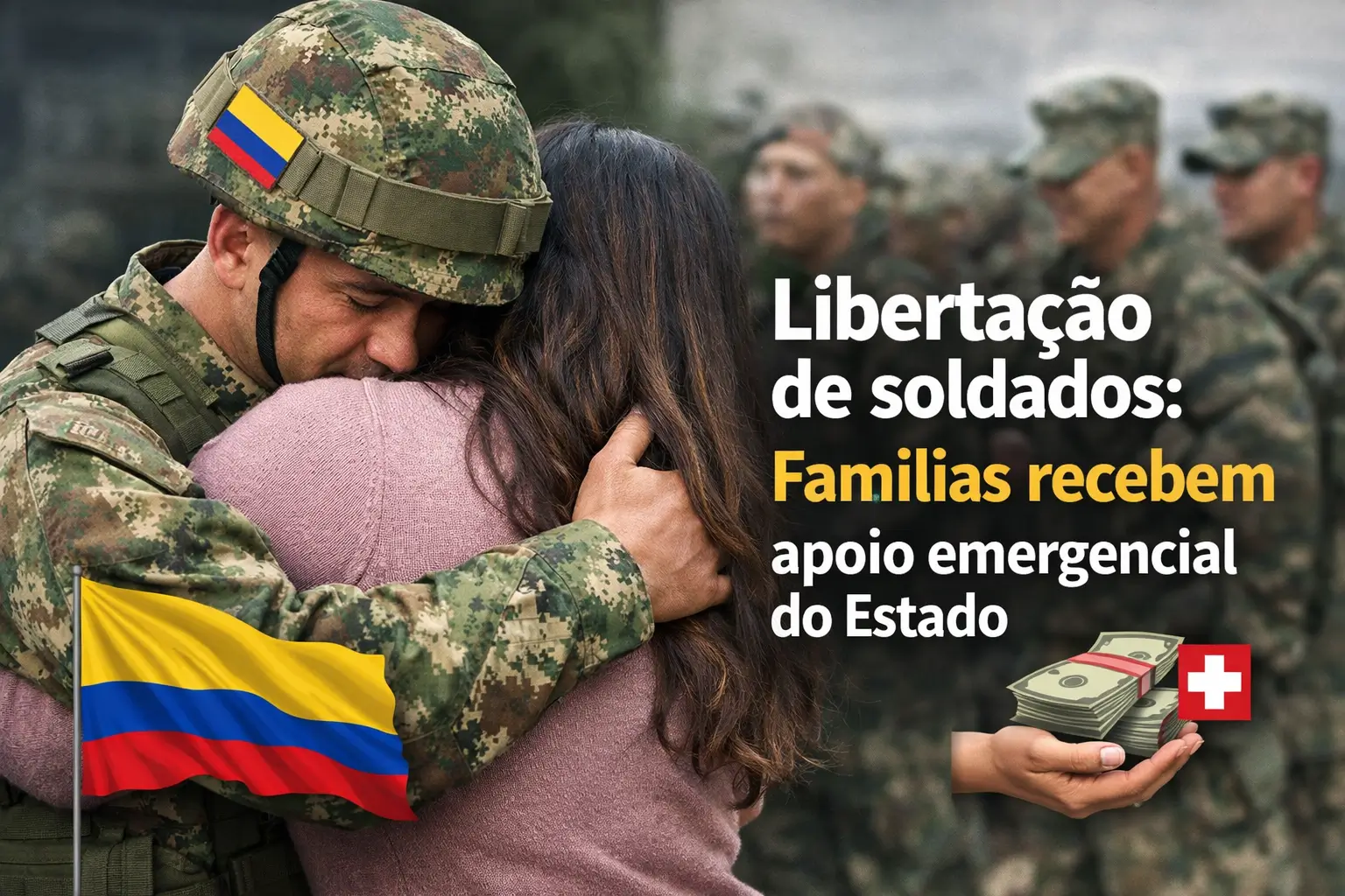 Soldado colombiano abraça mulher com bandeira e apoio financeiro