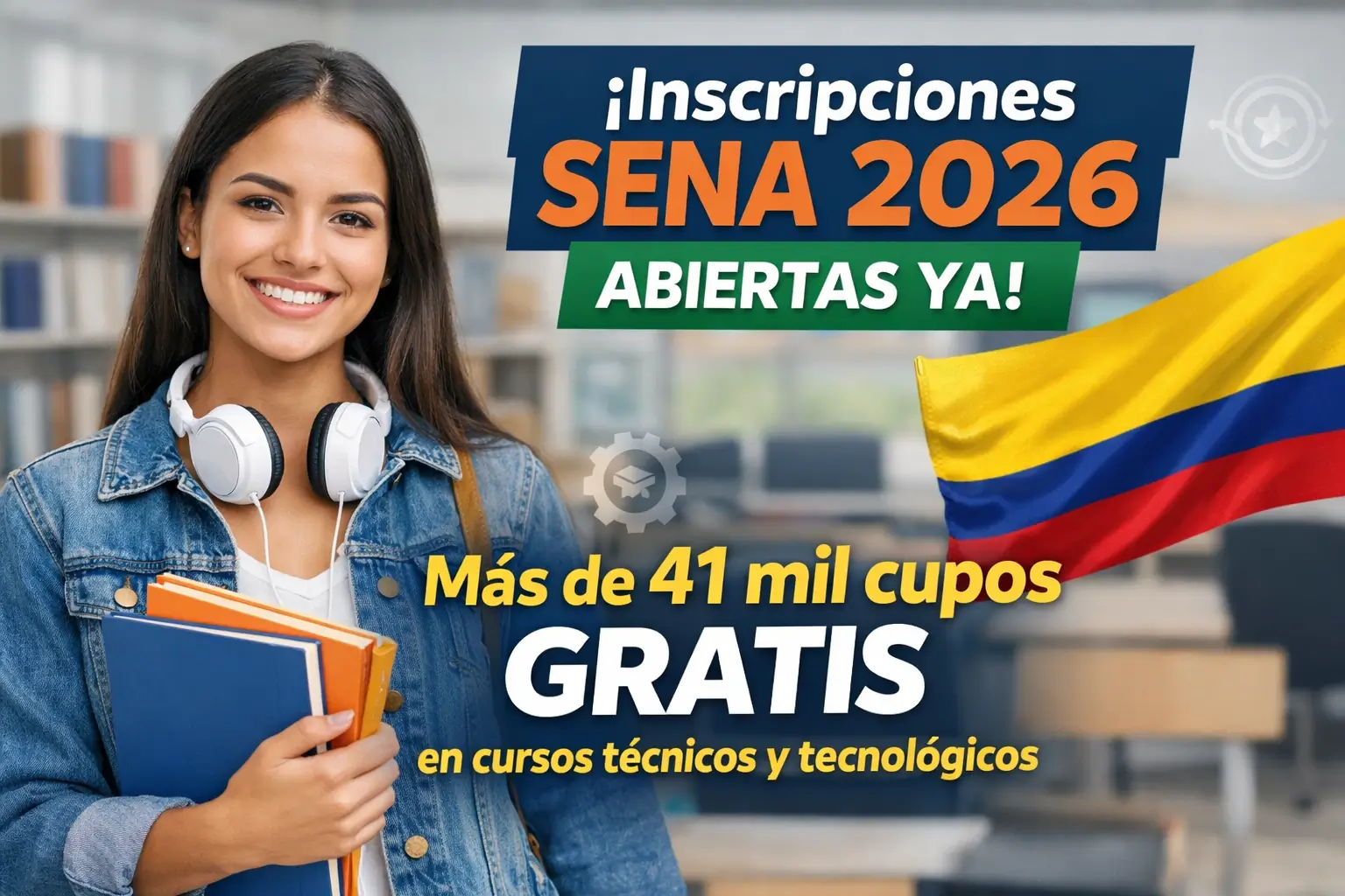 Jovem estudando na biblioteca para cursos técnicos grátis SENA 2026 Colômbia