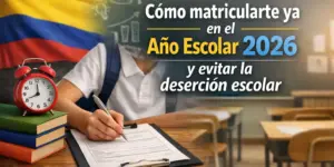 Jovem escreve formulário em sala de aula com relógio e livros