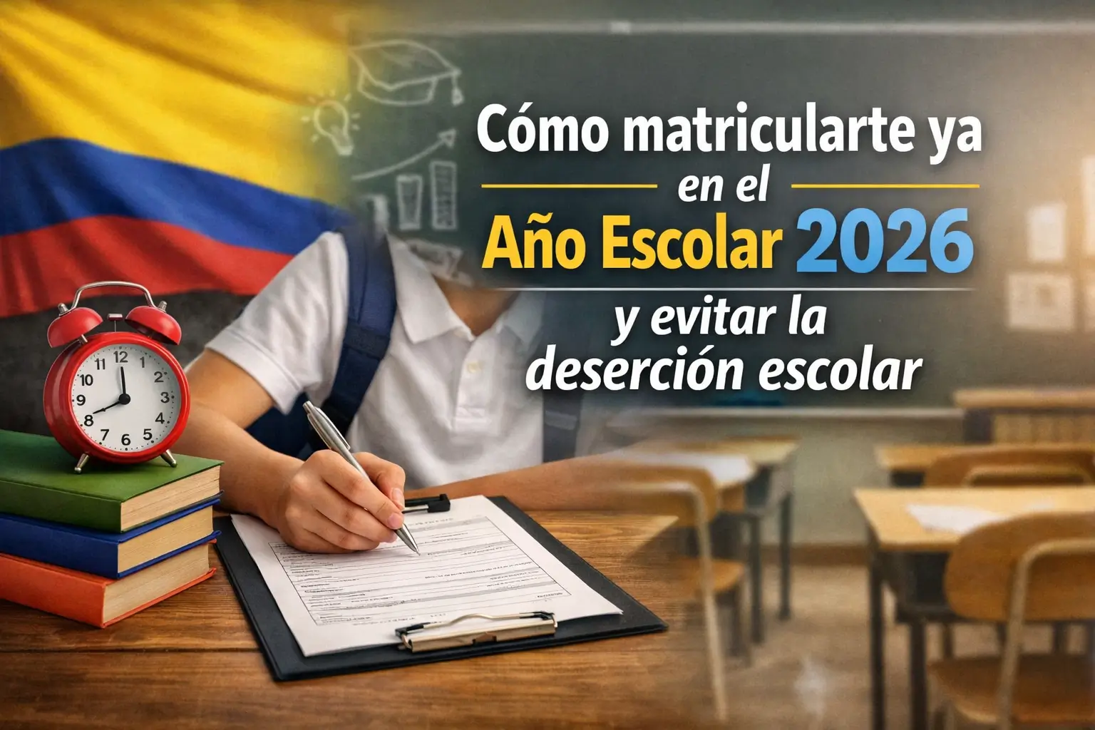 Jovem escreve formulário em sala de aula com relógio e livros