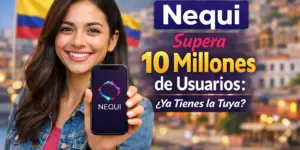 Mulher segura smartphone com app Nequi e bandeiras da Colômbia