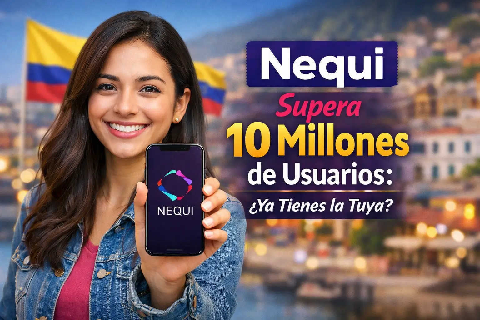 Mulher segura smartphone com app Nequi e bandeiras da Colômbia