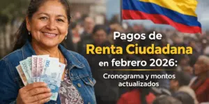 Mulher sorridente com cédulas de dinheiro, bandeira colombiana, Pagos de Renta Ciudadana 2026