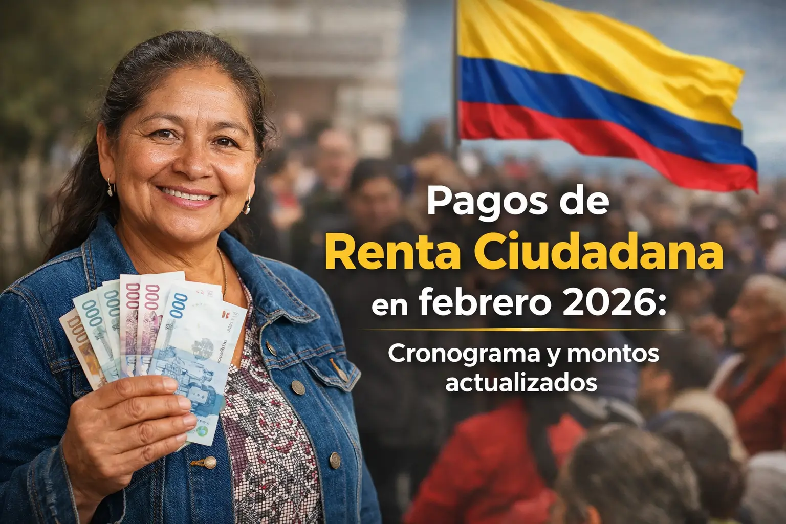 Mulher sorridente com cédulas de dinheiro, bandeira colombiana, Pagos de Renta Ciudadana 2026