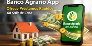 App Banco Agrario em smartphone, pilhas de dinheiro e moedas de ouro