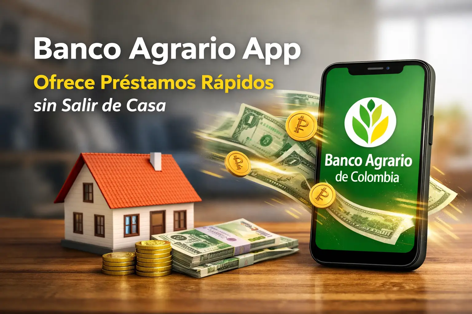 App Banco Agrario em smartphone, pilhas de dinheiro e moedas de ouro