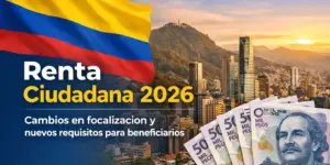 Paisagem urbana colombiana com notas de 50 mil pesos e bandeira