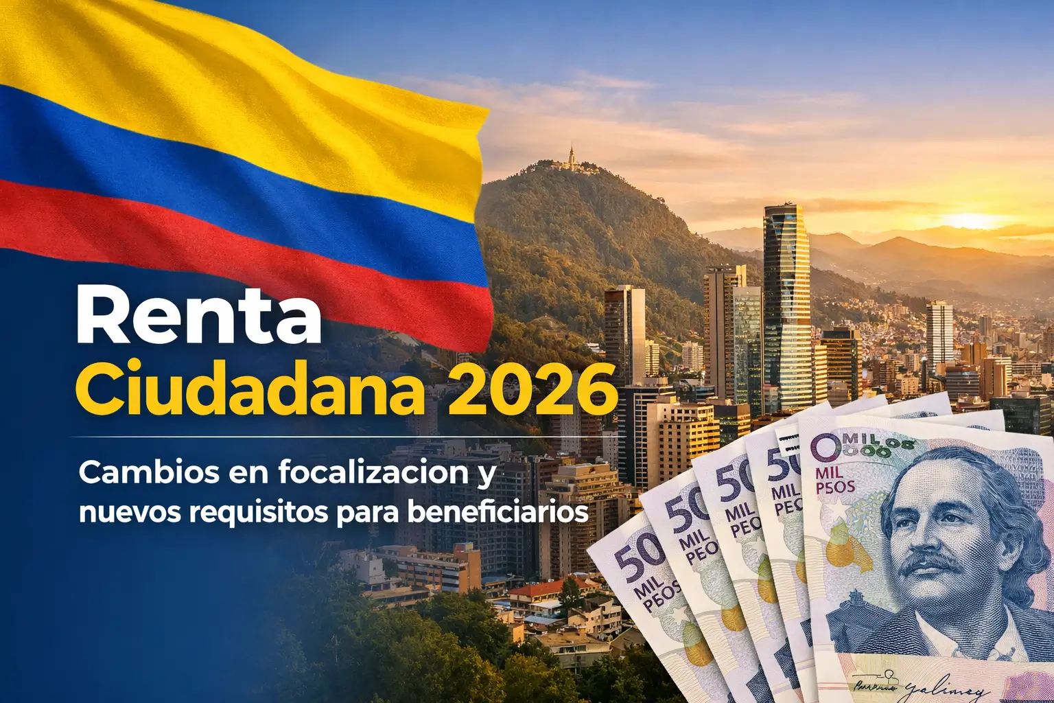 Paisagem urbana colombiana com notas de 50 mil pesos e bandeira