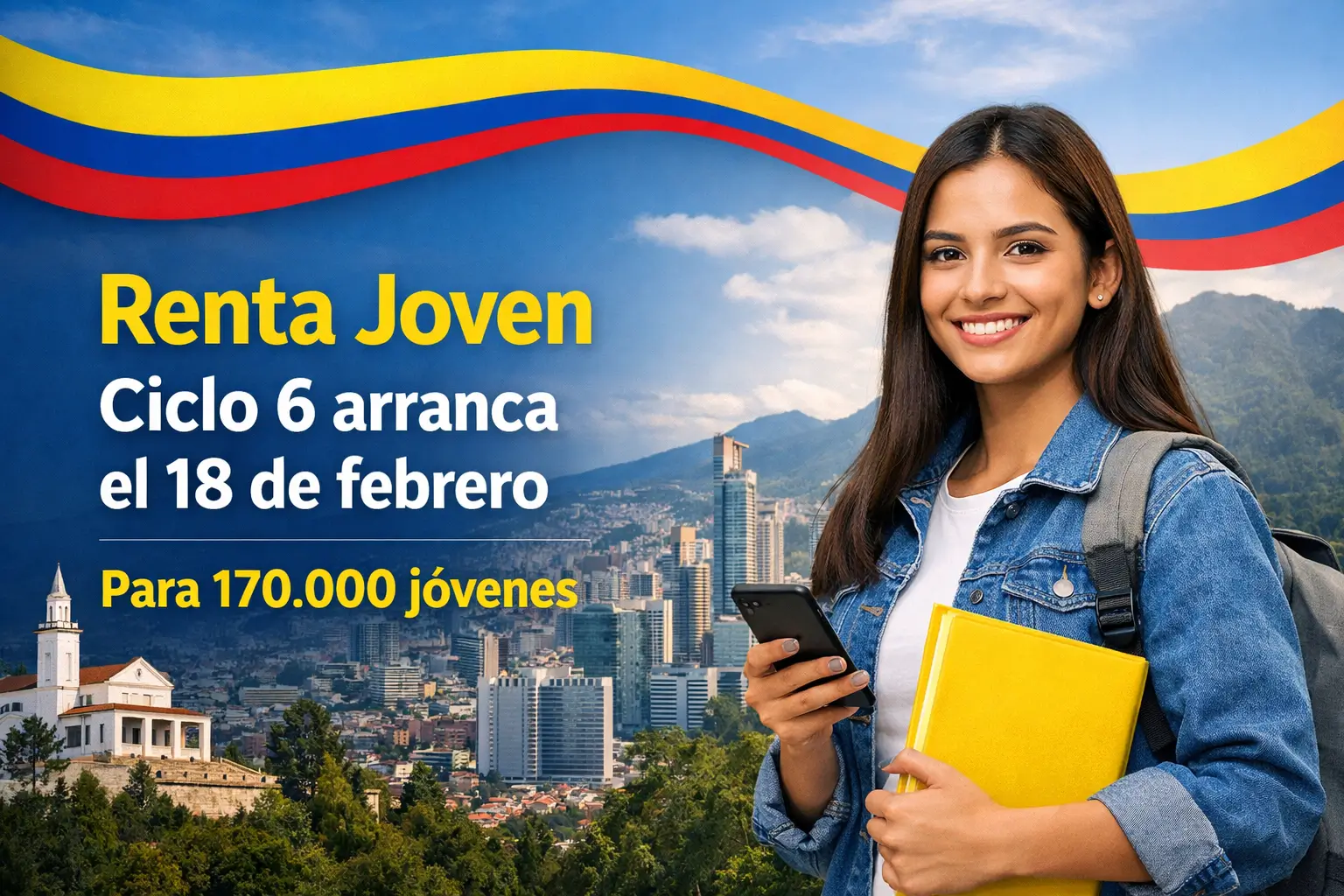 Jovem brasileira com smartphone e caderno diante de cidade e montanhas