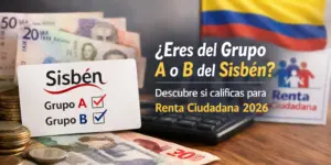 Cartão Sisbén com moeda colombiana, calculadora e bandeira destacando elegibilidade Renta Ciudadana 2026.