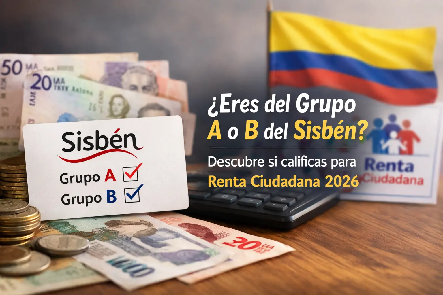 Cartão Sisbén com moeda colombiana, calculadora e bandeira destacando elegibilidade Renta Ciudadana 2026.
