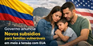 Família preocupada com bandeiras dos EUA e Colômbia ao fundo