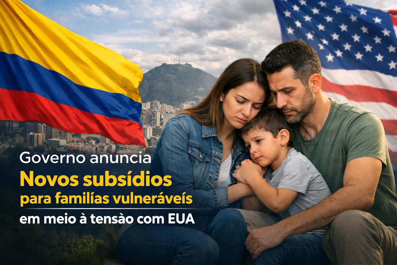 Família preocupada com bandeiras dos EUA e Colômbia ao fundo
