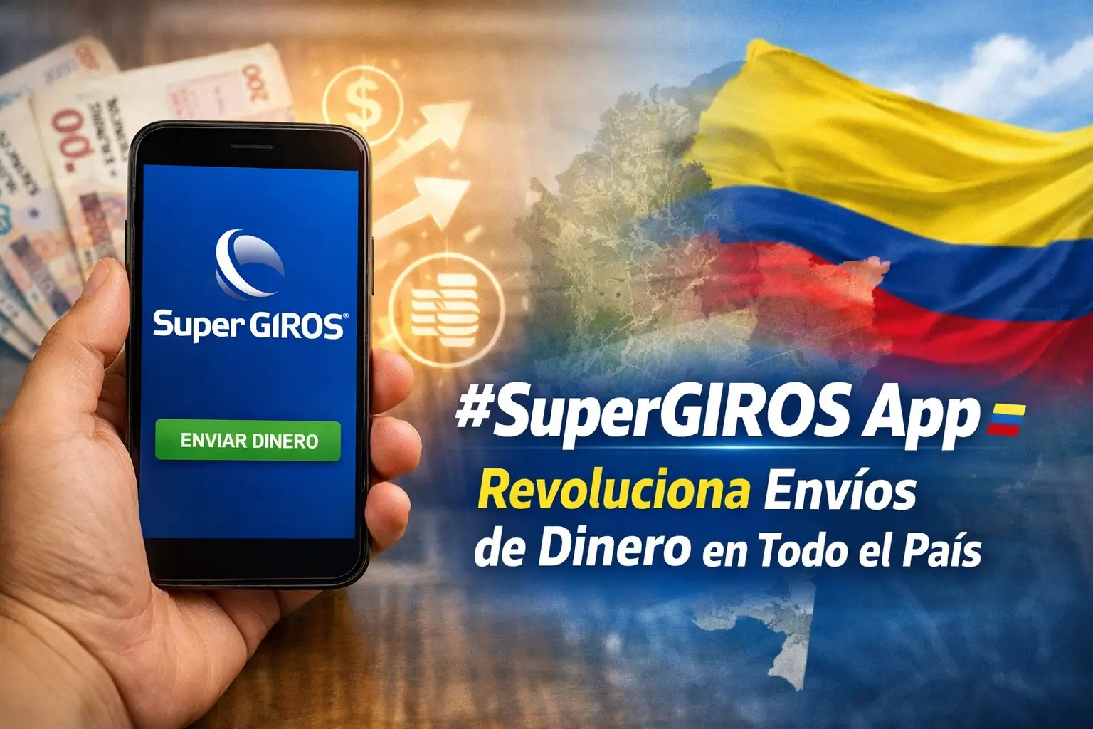 Celular com app SuperGIROS e mapa financeiro colombiano