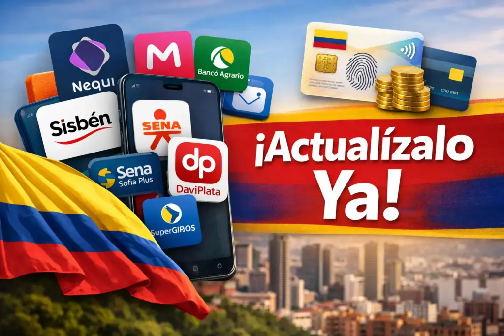 Smartphone com apps financeiros, bandeira da Colômbia e moedas