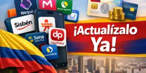 Smartphone com apps financeiros, bandeira da Colômbia e moedas