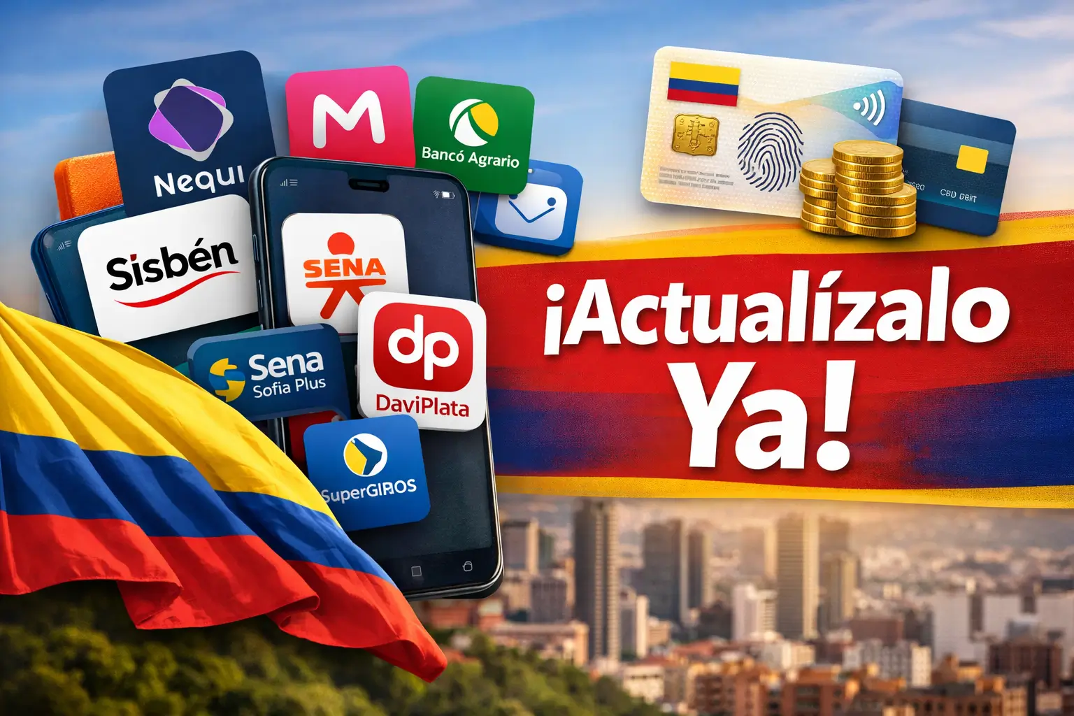 Smartphone com apps financeiros, bandeira da Colômbia e moedas