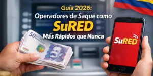 Mão segurando peso colombiano e celular com app SuRED na frente do caixa eletrônico