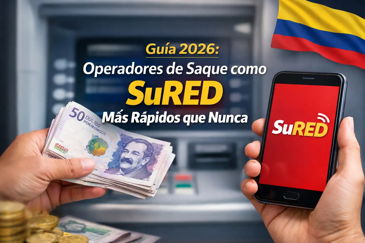 Mão segurando peso colombiano e celular com app SuRED na frente do caixa eletrônico