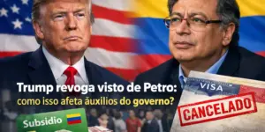 Trump e Petro diante de bandeiras dos EUA e Colômbia, discussão sobre visto