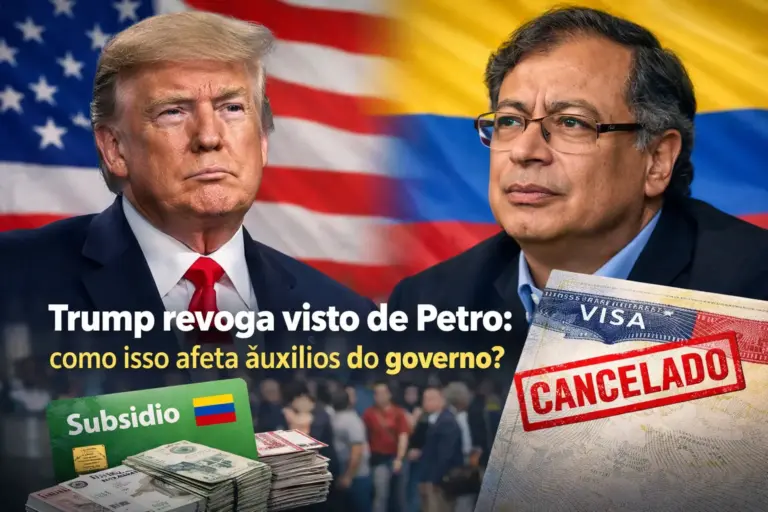 Trump e Petro diante de bandeiras dos EUA e Colômbia, discussão sobre visto