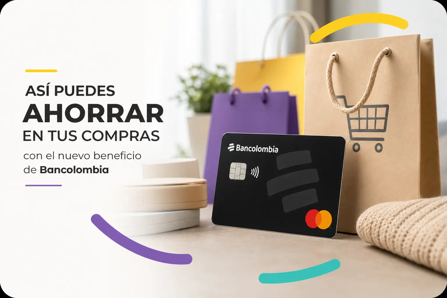 Cartão Mastercard e sacolas de compras com benefício Bancolombia 2026