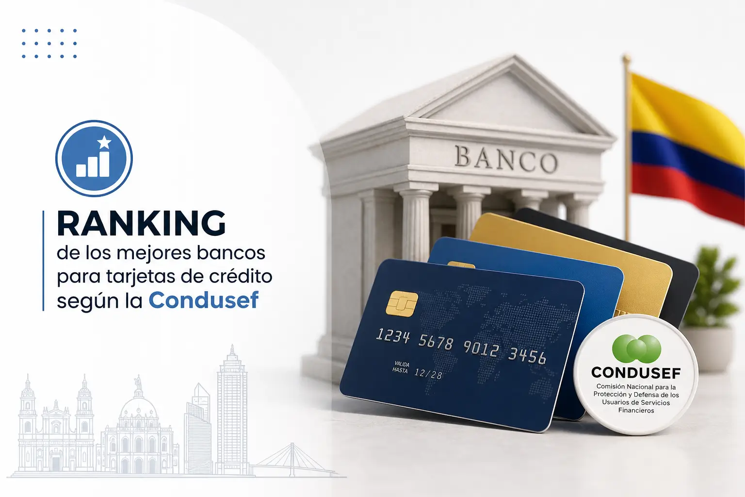 Banco com cartões de crédito e bandeira colombiana em destaque
