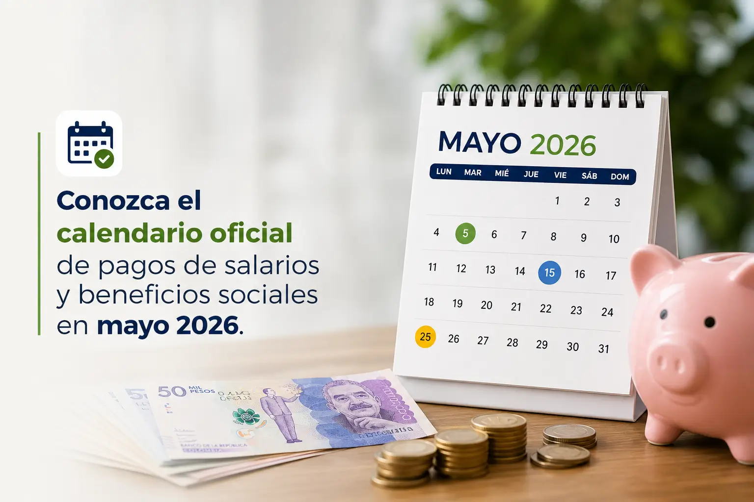Cena de mesa com calendário maio 2026, cofre porquinho e moedas