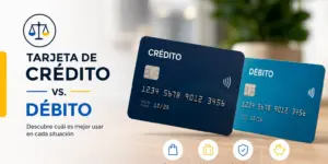 Cartões de crédito e débito em superfície de madeira com texto explicativo